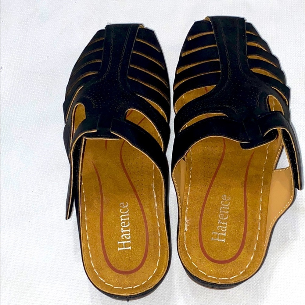 HARENCE Black Wo Shoes SIZE 8‎ (39) comfort slip on sandal hook loop close CLEAN